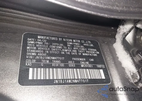 2022 Nissan Rogue Sport S Awd Xtronic Cvt из США, поврежденный, VIN JN1BJ1AW2NW477017